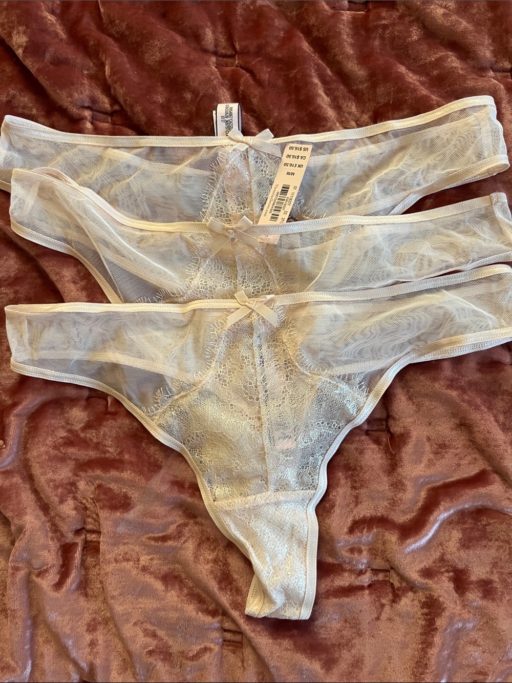 Victoria's Secret Sheer Lace Thong Panties in Light Cream - 3-Pack